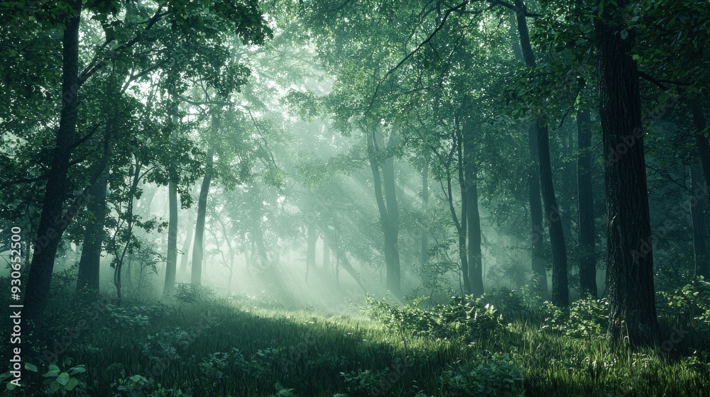 Obraz premium Enchanting forest scene shrouded in morning mist, with soft light filtering through the trees. The image captures the ethereal beauty and serene stillness of dawn.