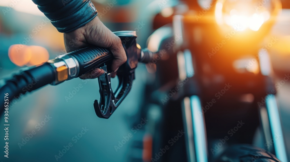 This dynamic image captures the moment someone is refueling a motorcycle at a gas station, highlighting the convenience and vital role of gasoline in powering transport vehicles.