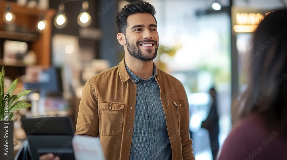 A shop assistant greeting customers as they enter a retail store, creating a welcoming and customer-focused environment A shop assistant greeting customers as they enter a retail store, creating a welcoming and customer-focused environment