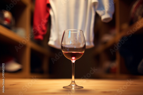 A wooden-themed ambiance featuring an empty crystal wine glass.