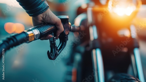 Obraz na płótnie This dynamic image captures the moment someone is refueling a motorcycle at a gas station, highlighting the convenience and vital role of gasoline in powering transport vehicles. w salonie