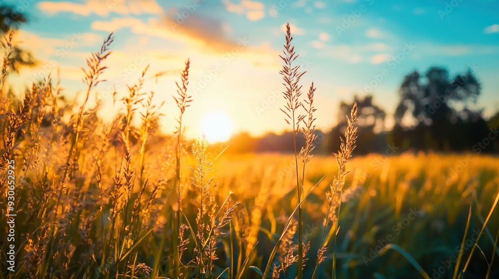 Fototapeta premium Close-up of rising grain against the backdrop of the sun, highlighting the golden hues and texture. Ideal for exclusive stock photography