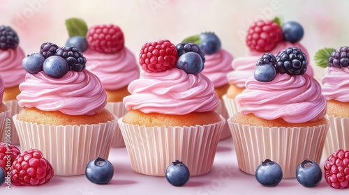 Many identical fruit cupcakes with berry mix and pink frosting topping in pastry shop photo