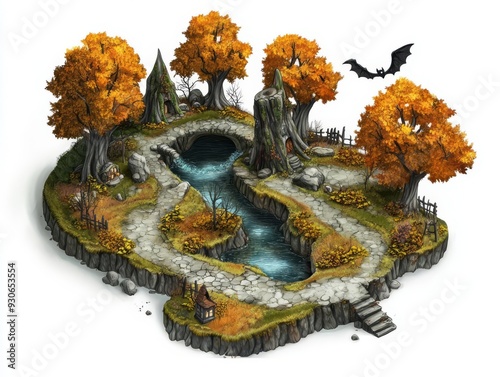 A Halloween witch s forest map, enchanted trees, potionfilled rivers, and hidden lairs, high fantasy design, isolated on white background photo