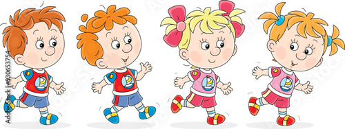 Funny little boys and girls running during physical education class at elementary school or kindergarten, vector illustration isolated on a white background