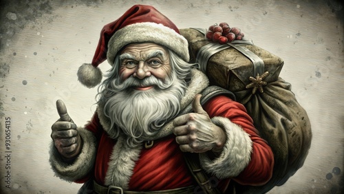 Smiling Santa Claus Giving Thumbs Up While Carrying a Bag of Gifts
