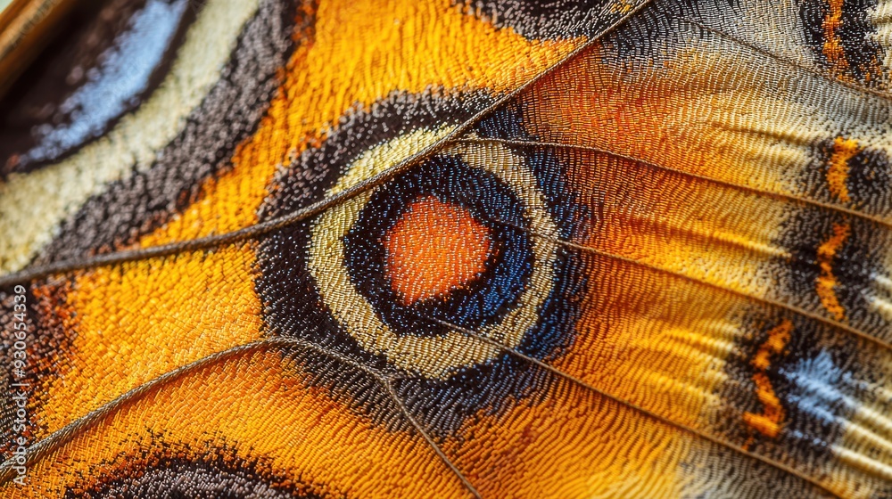 Fototapeta premium Extreme close-up of a butterfly's wing, showcasing intricate scales and vibrant colors. The delicate patterns and fine textures are highlighted in this detailed shot.