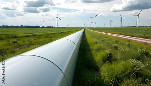 A long pipeline running through a rural landscape with wind turbines in the background, surrounded by fields and a cloudy sky photo