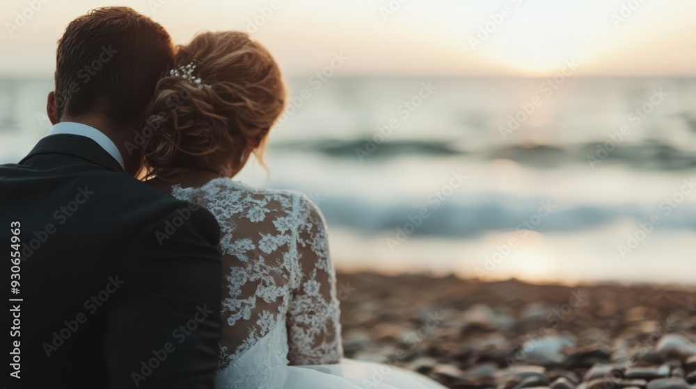 Newlyweds rest on a pebble beach, backs turned to the camera, gazing at the sunset over the sea. The tranquil moment captured reflects the beginning of their new journey together. Newlyweds rest on a pebble beach, backs turned to the camera, gazing at the sunset over the sea. The tranquil moment captured reflects the beginning of their new journey together.