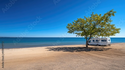 A white RV rests under a shade tree beside a tranquil blue sea on a warm summer day in Greece, creating a perfect getaway atmosphere