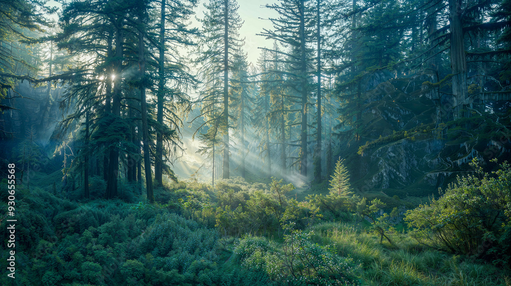 Fototapeta premium Sunbeams filtering through dense forest in morning light