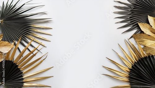 black and gold palm leaves on white background photo