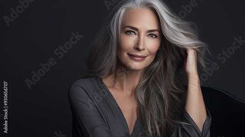 A confident woman with long gray hair smiles while playing with her hair in a studio setting.