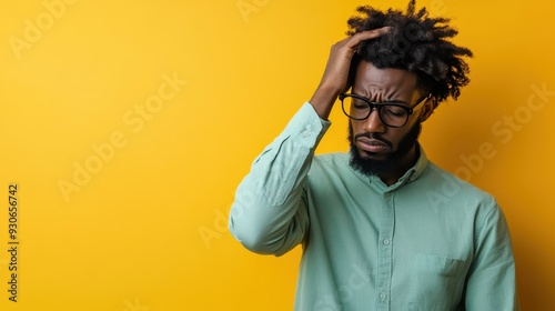 A man dressed in green touches his head with a confused and contemplative expression against a bright yellow background, reflecting a moment of deep thought and uncertainty. photo