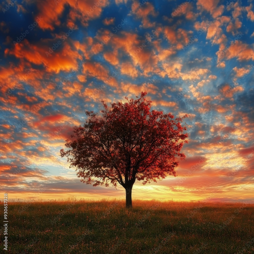 Vibrant sunset clouds and a lone red tree in an open field