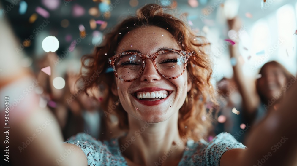 An overjoyed woman wearing glasses, smiling brightly amidst a cascade of confetti, capturing the essence of fun, celebration, and sheer joy at a lively gathering.