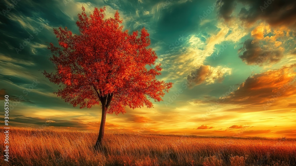 Fototapeta premium Vibrant autumn tree under colorful sunset in an open field