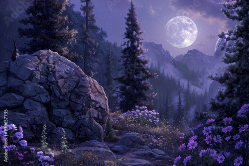 Enchanted Elves Silently Navigating a Flower-Lit Pine Forest