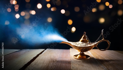 magical aladdin lamp releasing ethereal sparkling mist at night photo