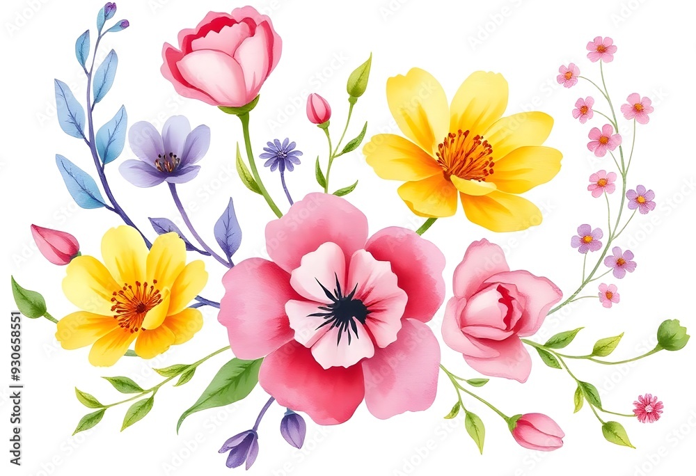 Obraz premium Colorful various floral pattern with yellow and pink flowers, leaves, and other botanical elements on a white background