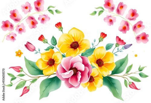 Wallpaper Mural Colorful various floral pattern with yellow and pink flowers, leaves, and other botanical elements on a white background Torontodigital.ca