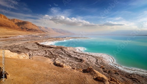 dead sea coastline in desert uninhabited extraterrestrial landscape