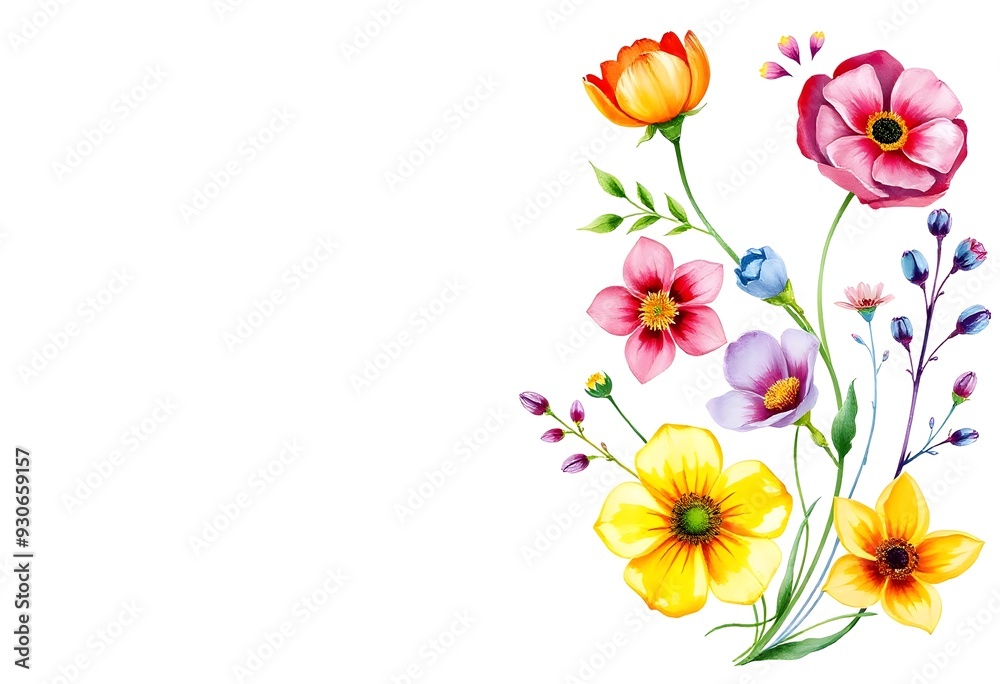 Naklejka premium Colorful assortment of various flowers illustration including roses, daisies, and other blooms with green foliage on a white background
