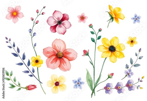 Wallpaper Mural Colorful assortment of various flowers illustration including roses, daisies, and other blooms with green foliage on a white background Torontodigital.ca