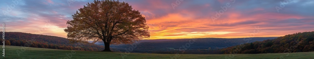 Fototapeta premium Sunset over the hills with a solitary tree in a peaceful landscape