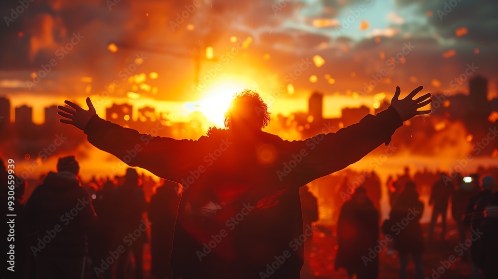 Crowd Watching Fiery Sunset, Arms Raised in Unity Crowd Watching Fiery Sunset, Arms Raised in Unity
