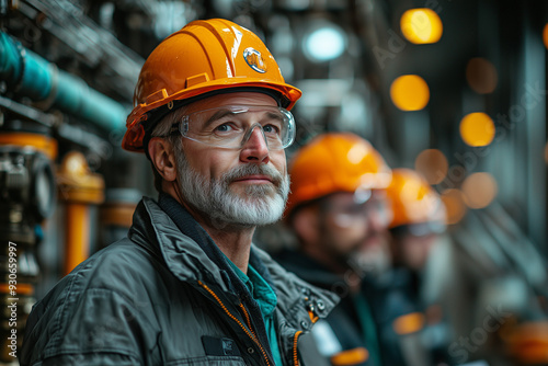 Business professionals in safety gear discuss project plans in an industrial setting, highlighting collaboration and professionalism in the industry. The image reflects teamwork and productivity.