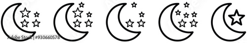 Half moon stars icon. crescent moon, Shine and sparkle stars vector icon sign - night or dark mode icons line art.