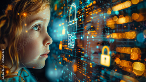 Wallpaper Mural Child staring at screen with security lock icon Torontodigital.ca