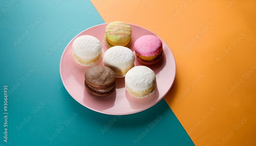 Assorted alfajores with different coatings on a solid colorful background - traditional argentinian dessert sweet Assorted alfajores with different coatings on a solid colorful background - traditional argentinian dessert sweet