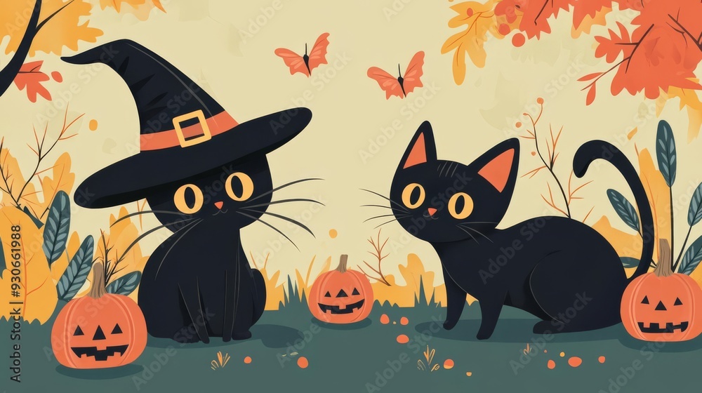 Cat playing with a witch hat, festive Halloween scene, flat design illustration Cat playing with a witch hat, festive Halloween scene, flat design illustration