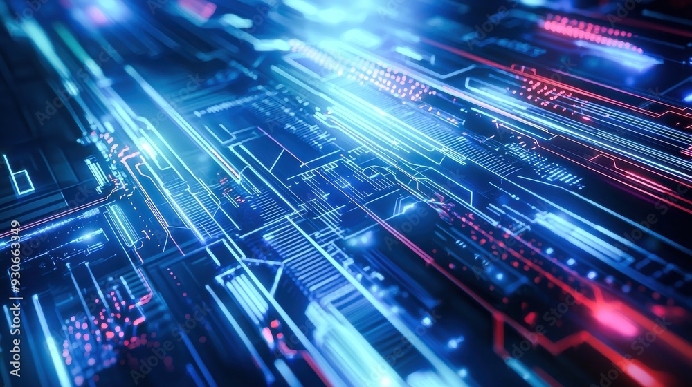Fototapeta premium Futuristic vector background featuring geometric shapes, circuit patterns, and neon blue hues. Ideal for technology presentations, digital media, and innovative product promotions
