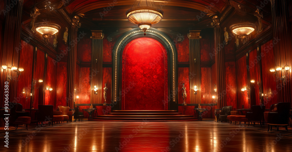 Obraz premium A grand, opulent theater with deep red walls, ornate moldings, and a checkered marble floor.