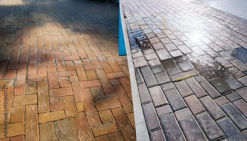 contrast between auto block slab patio paving slabs floor dirty clean pressured washed before and after cleaning photo