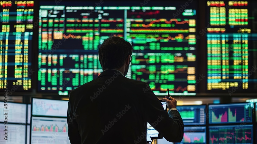 A stock trader analyzing financial charts on a large screen, making decisions based on real-time market data A stock trader analyzing financial charts on a large screen, making decisions based on real-time market data