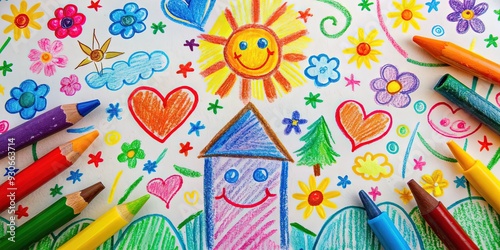 Colorful whimsical background with crayon marks, stickers, and hand-drawn shapes, evoking a sense of childhood creativity and playful imagination. photo