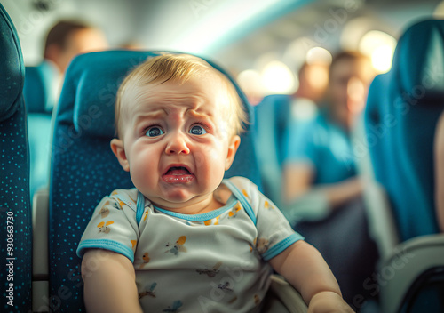 A distressed baby, tears streaming down its face, gazes directly at the camera while seated in the airplane's rear cabin.