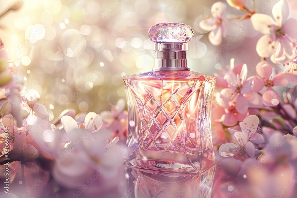 Boutique Perfume Bottle Surrounded by Floral Arrangements Display. Boutique Perfume Bottle Surrounded by Floral Arrangements Display.