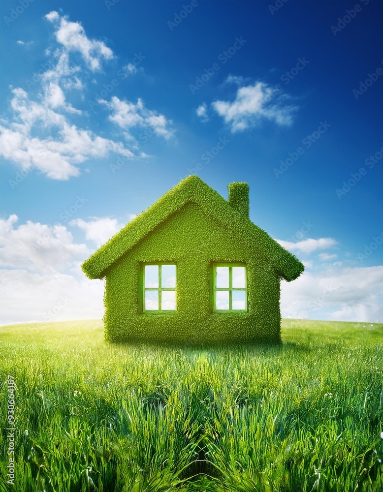 Green grass house in the field under blue sky, exterior view of ecology and environment Green grass house in the field under blue sky, exterior view of ecology and environment