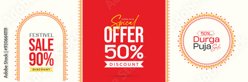 Durga Puja Offer Banner with Arch, Background Frame, and Decorative Border Featuring Goddess Durga, Happy Durga Puja Message, Sale, Discount Tags, and Promotion for Navratri, Ganesh Chaturthi