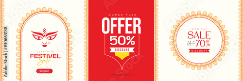 Durga Puja Offer Banner with Arch, Background Frame, and Decorative Border Featuring Goddess Durga, Happy Durga Puja Message, Sale, Discount Tags, and Promotion for Navratri, Ganesh Chaturthi