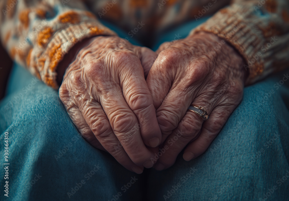 Fototapeta premium Wrinkled hands, intertwined fingers, resting gently on a lap - a quiet testament to a life lived.