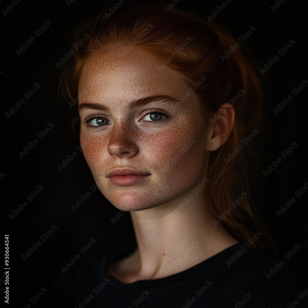 Studio portrait, young woman with freckles, classic lighting, black background, soft focus Studio portrait, young woman with freckles, classic lighting, black background, soft focus