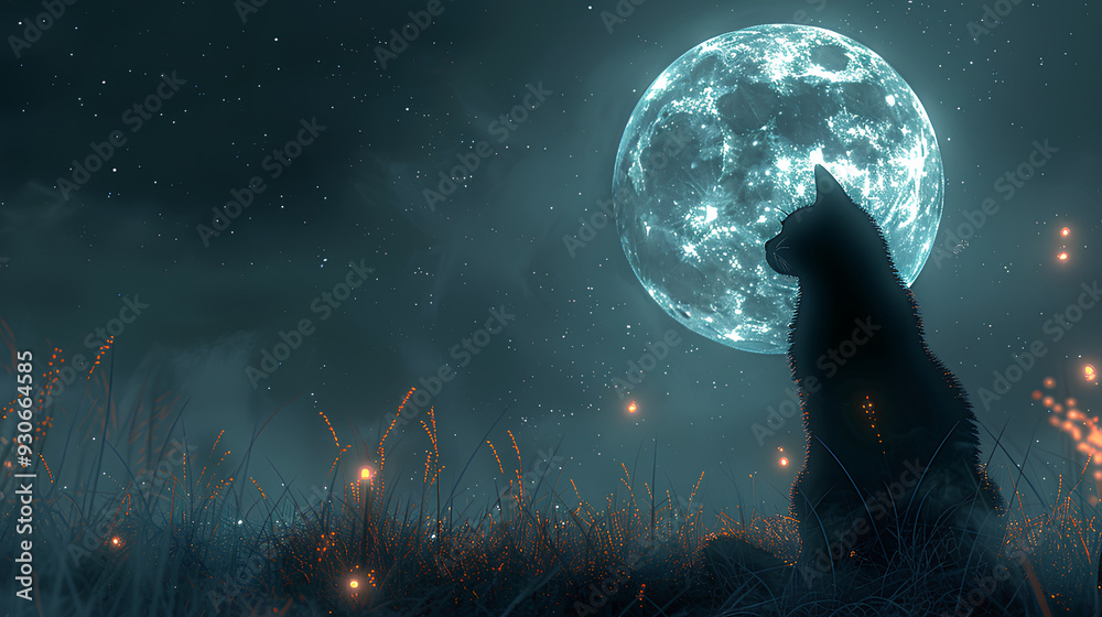 Naklejka premium animated cat meowing on full moon