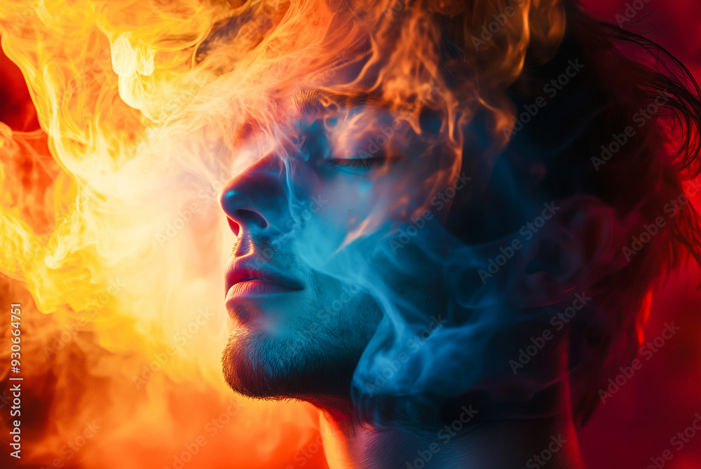 A captivating profile of an attractive man, eyes closed, engulfed in a swirling vortex of colorful smoke, illuminated by soft, vibrant light. A captivating profile of an attractive man, eyes closed, engulfed in a swirling vortex of colorful smoke, illuminated by soft, vibrant light.