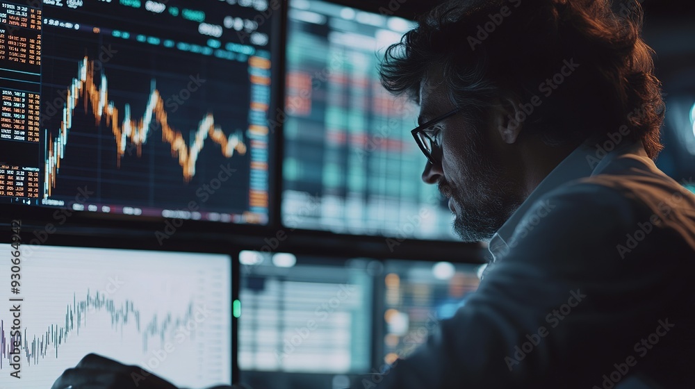 A stock trader analyzing financial charts on a large screen, making decisions based on real-time market data A stock trader analyzing financial charts on a large screen, making decisions based on real-time market data
